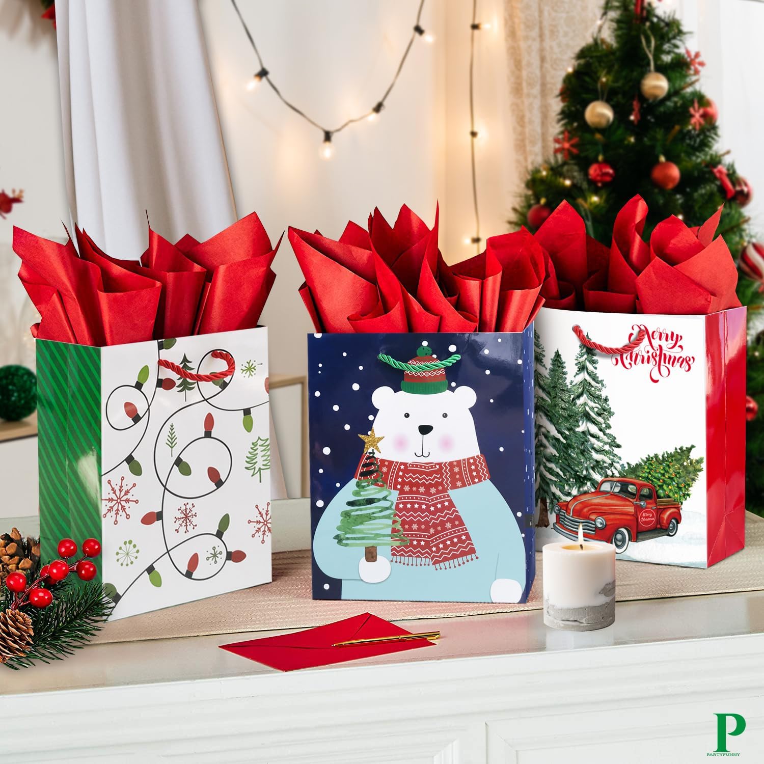 24 bolsas pequeñas de regalo de Navidad a granel con asas, 26 papel de seda y 60 etiquetas de regalo de Navidad, juego de 24 diseños surtidos de