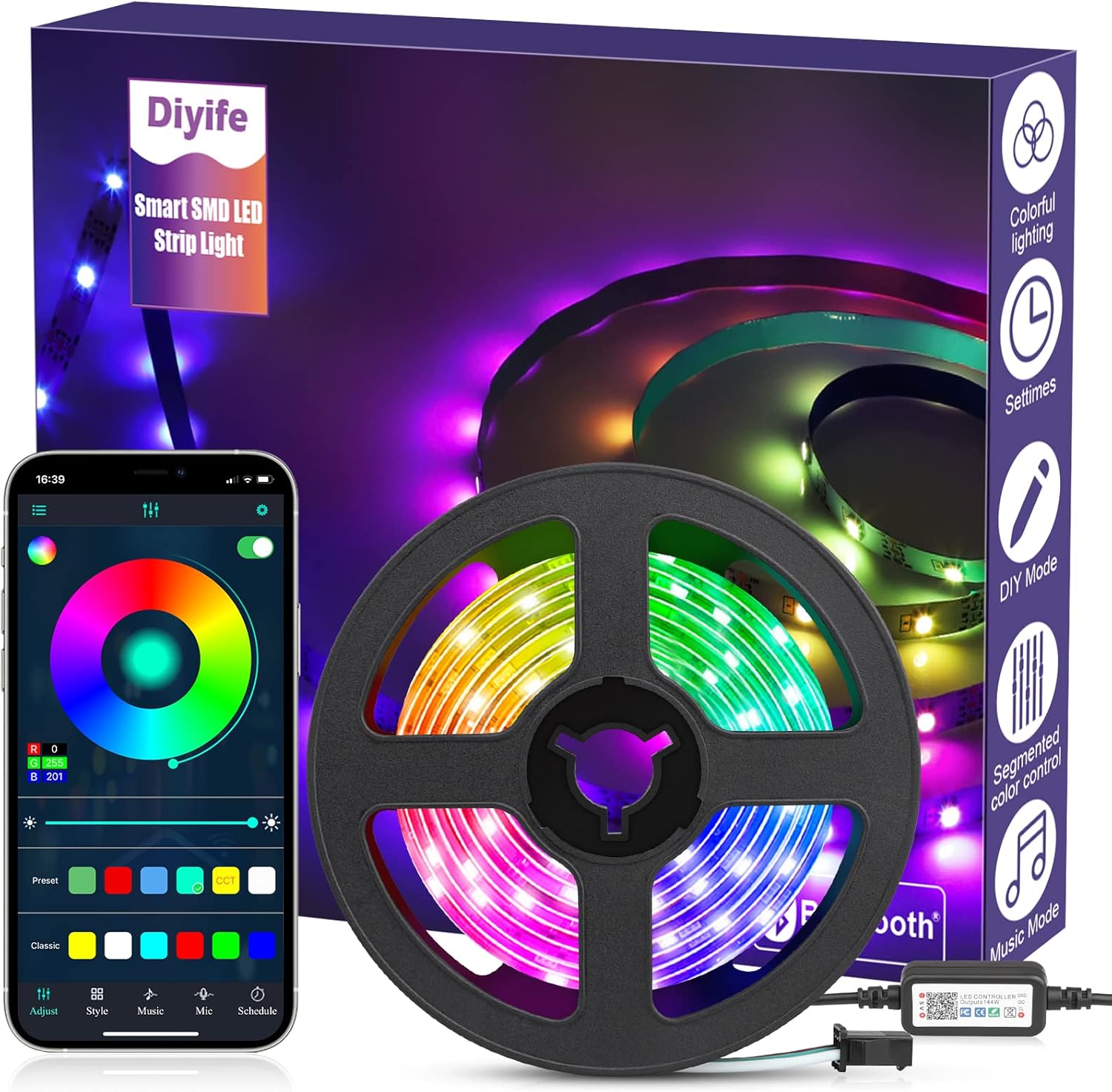 Diyife Tira LED inteligente multicolor cambiante, tira LED RGB más brillante de 9.8 pies, tira de luz LED Bluetooth 90 con control de aplicación,