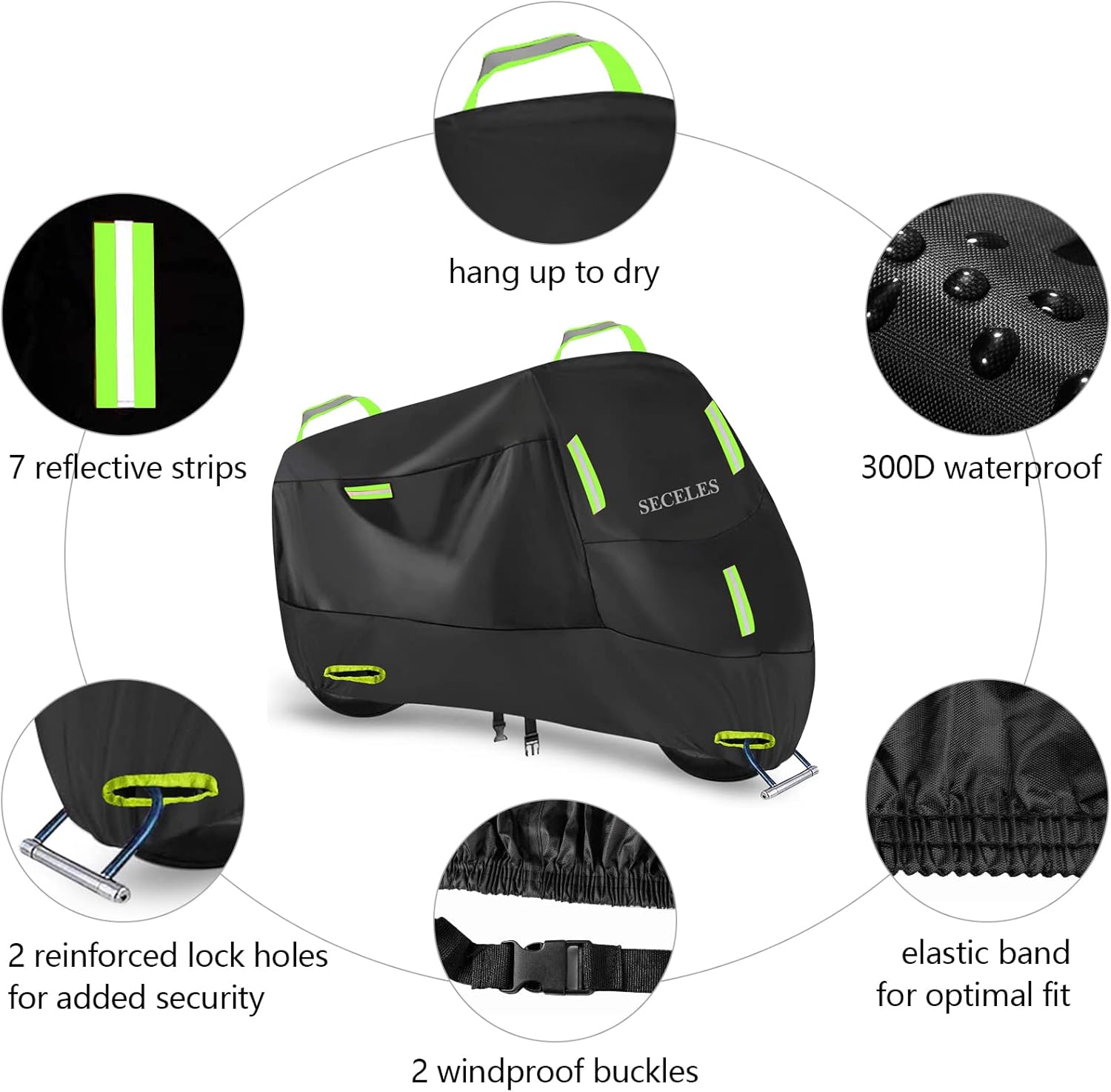 Funda para motocicleta 300D, resistente, duradera, impermeable, para exteriores, protección para todas las estaciones, con 7 tiras reflectantes y 2