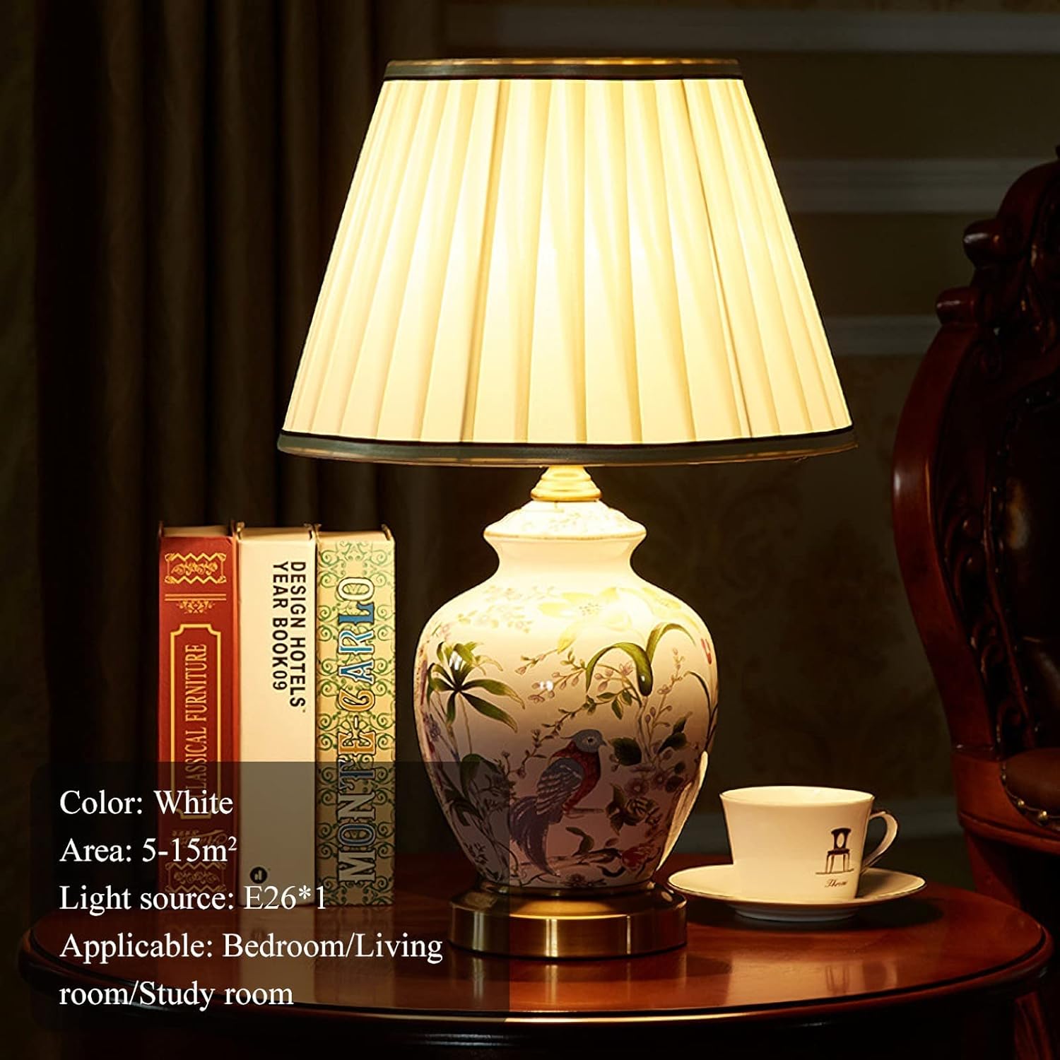 Chinoiserie – Lámpara de mesa de cerámica, lámpara de noche LED con flores americanas y pájaros, pantalla clásica de tela blanca para escritorio,