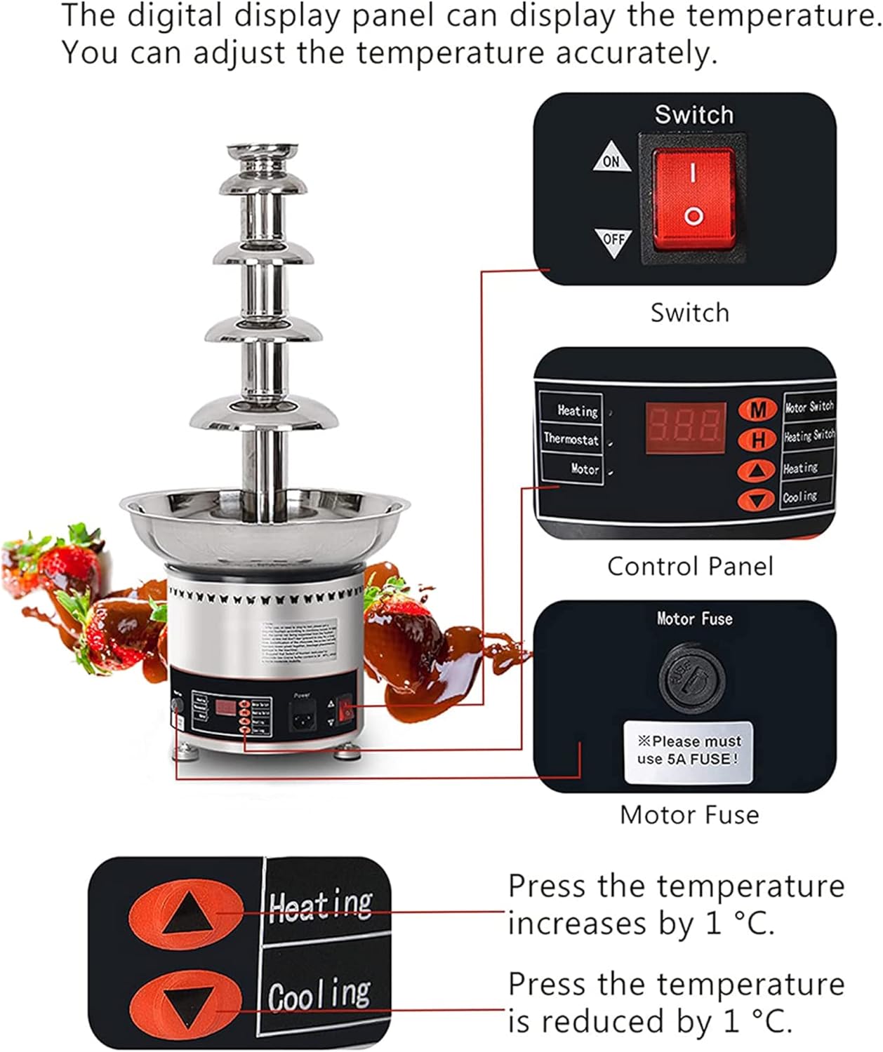 Fondue de fuente de chocolate grande, acero inoxidable 304, máquina de fuente de fondue de chocolate comercial ideal para fiestas, bodas, 6 pisos