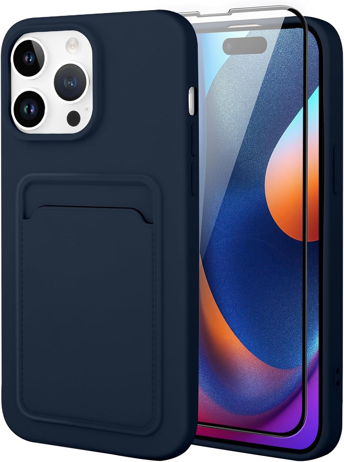 MZELQ Funda de silicona compatible con iPhone 15 Pro Max, funda protectora para cámara con tarjetero + protector de pantalla, funda con ranura para