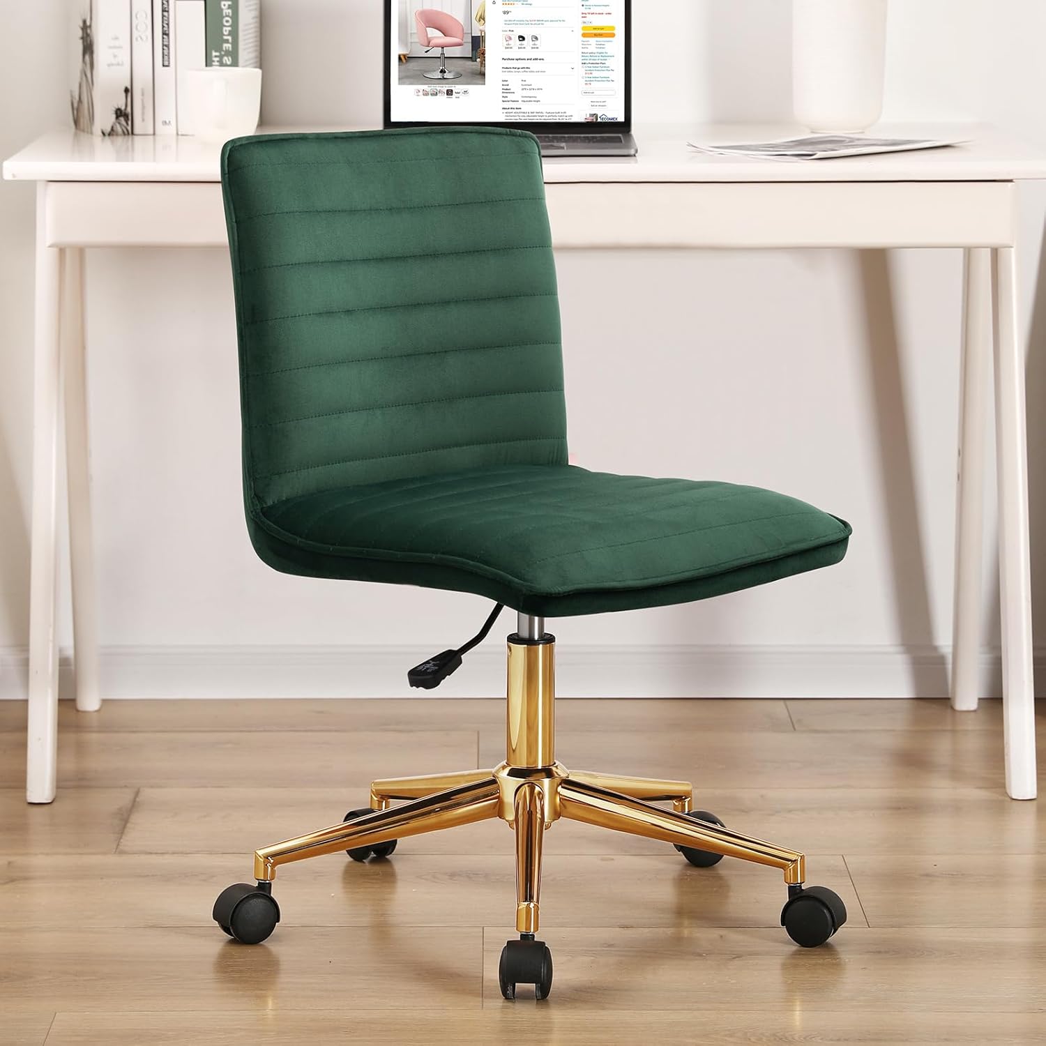 Furnimart Silla de escritorio de terciopelo sin brazos para oficina en casa, sillas de tareas ajustables, silla de oficina tapizada giratoria