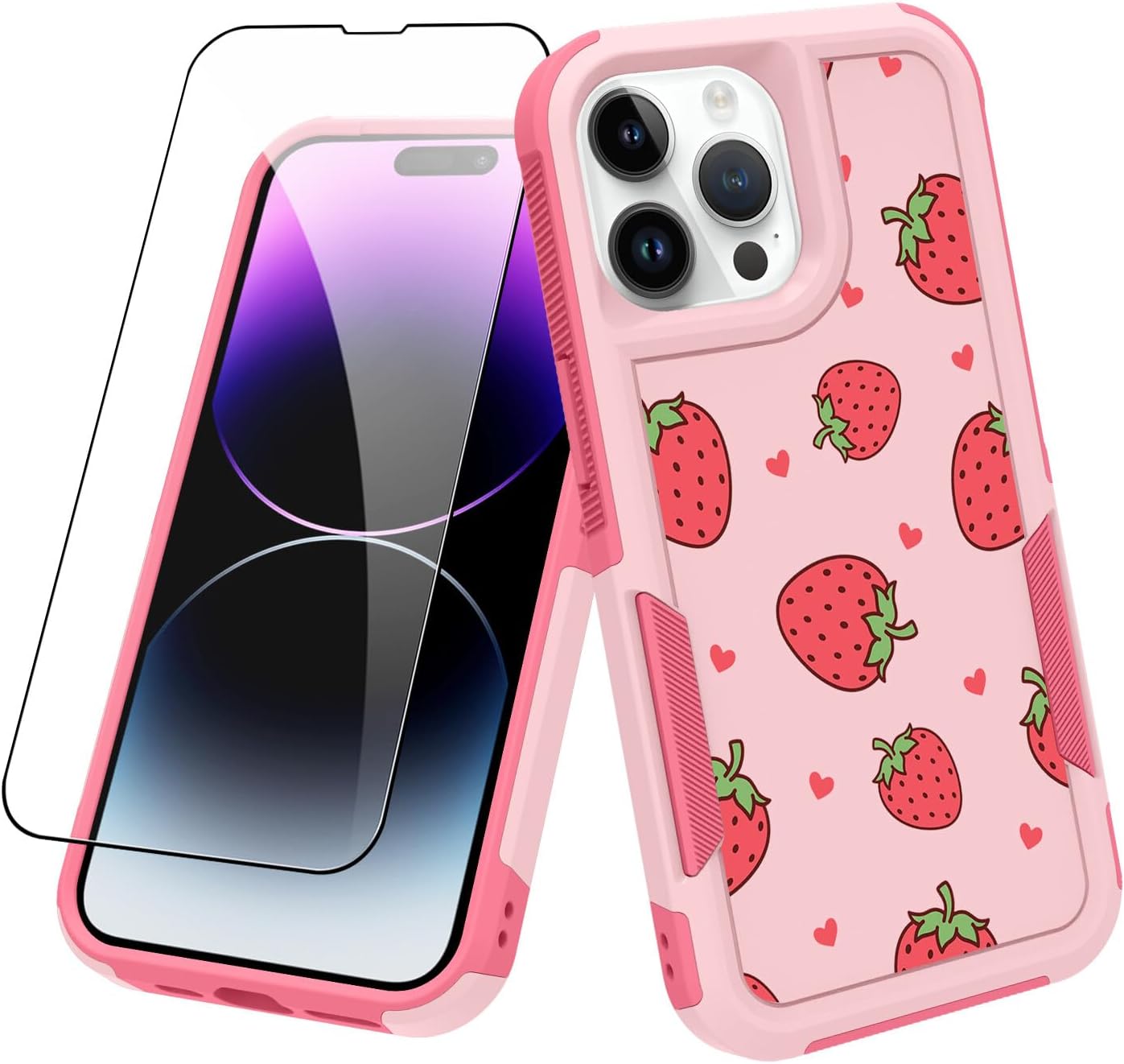 MZELQ Funda compatible con iPhone 15 Pro con bonito diseño de fresas, a prueba de golpes, bonita funda antideslizante compatible con niñas y mujeres