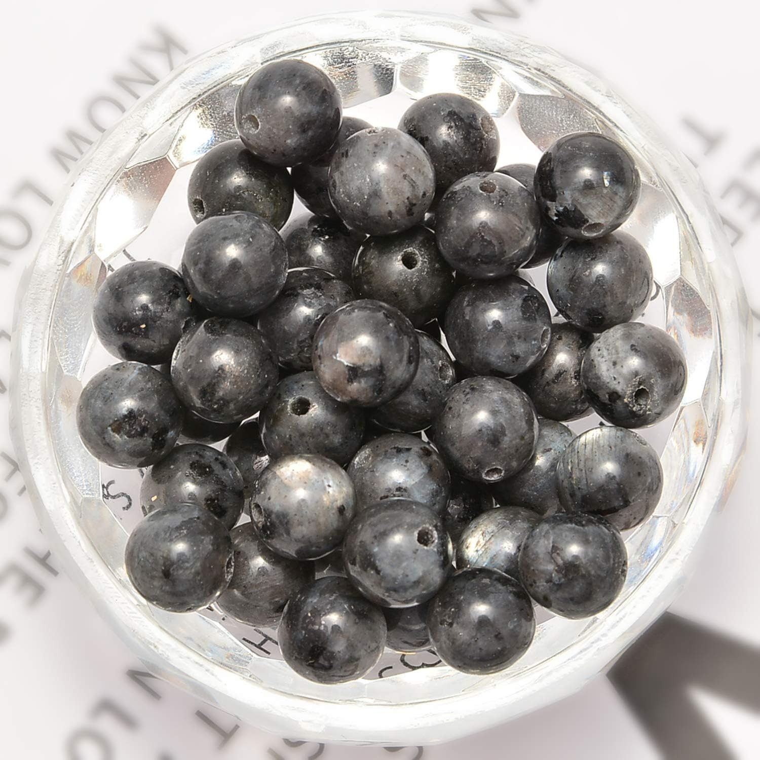 200 cuentas redondas sueltas de larvikita negra de 0.32 pulgadas (8mm), cuentas de piedra natural para joyería y manualidades