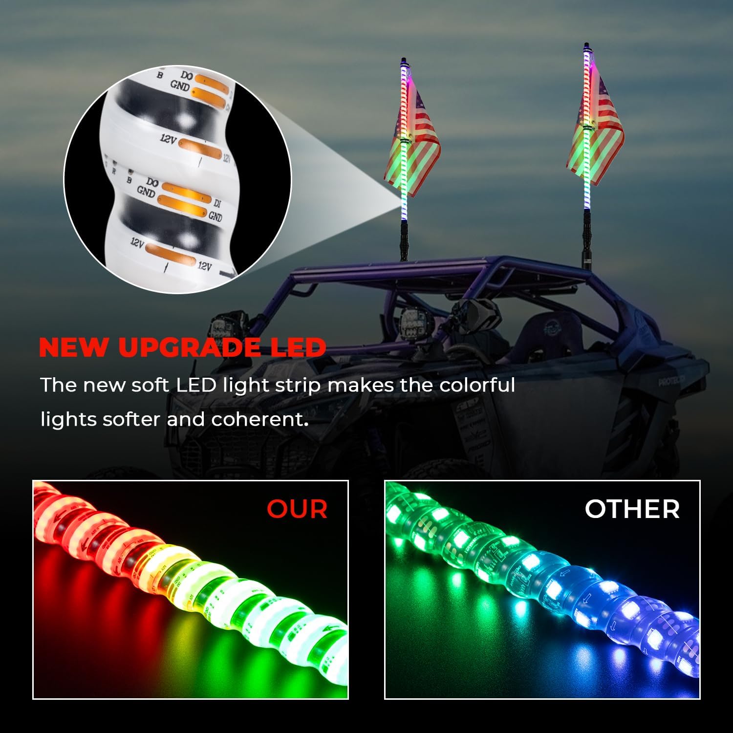 2 luces LED de látigo de 3 pies con base magnética y base de resorte, Bluetooth y control remoto RGB en espiral de 360, persecución de advertencia