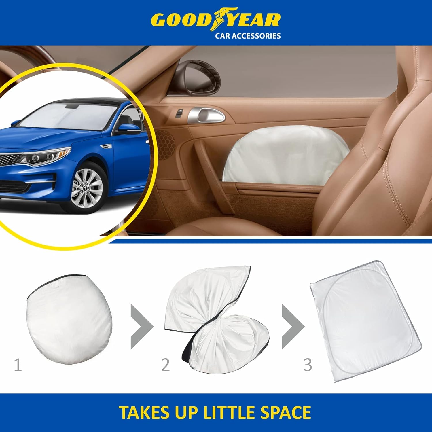 Goodyear GY008233 – Parasol plegable para parabrisas de automóvil, ajuste personalizado, protección UV, protector solar del vehículo, parasol para