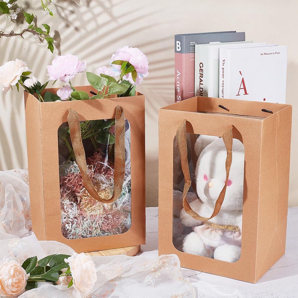 BENECREAT Paquete de 8 bolsas de papel kraft marrón transparente para ventana, 11.8 x 7.87 x 6.3 pulgadas, bolsa de regalo con asas para cumpleaños,