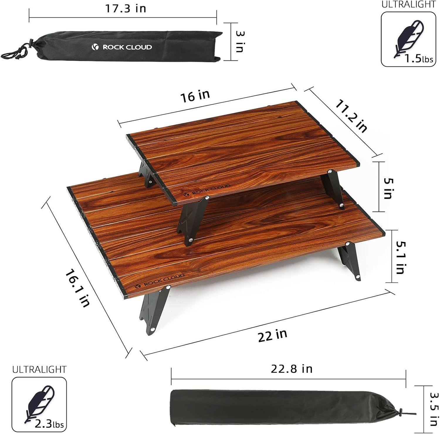 ROCK CLOUD Mesa de playa compacta portátil de aluminio ultraligera mini mesa de camping plegable (grano de madera – grande)