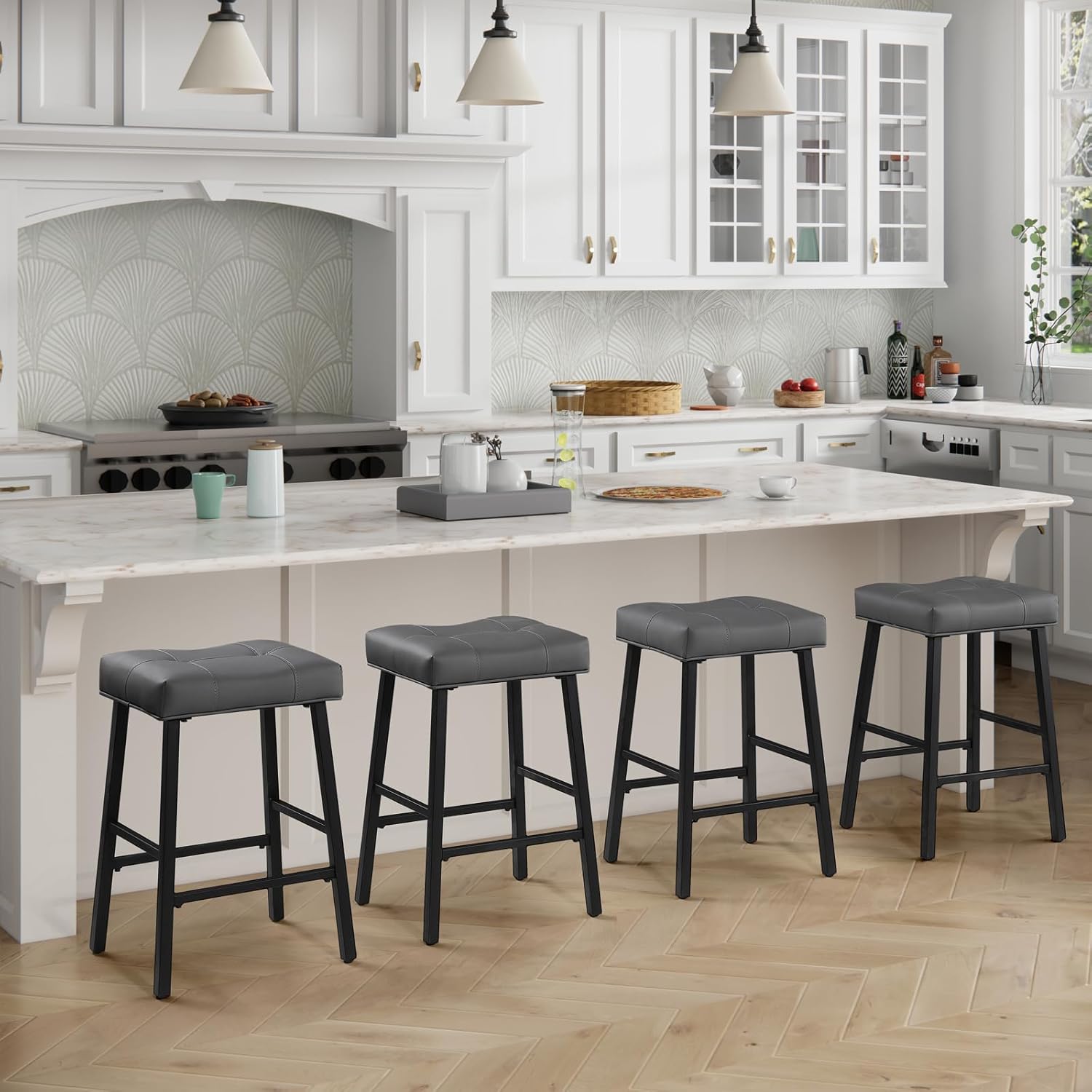 Taburetes de bar grises de 24 pulgadas, taburetes de altura de mostrador con asiento tapizado acolchado para desayuno, isla de cocina, bar en casa,
