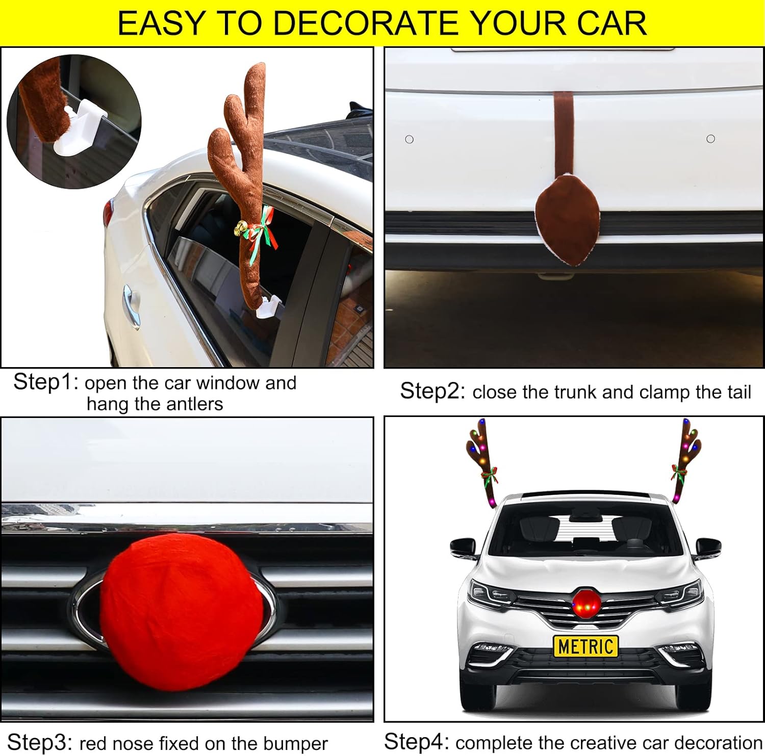 Juego de cuernos de reno para automóviles, cornamentas de reno de Navidad con luz LED de color, decoraciones de automóvil con cuernos, nariz roja,