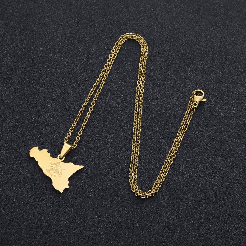Stainless Steel Italy Sicily Map Pendant Necklaces Italian Sicilia Jewelry Gifts (gold)