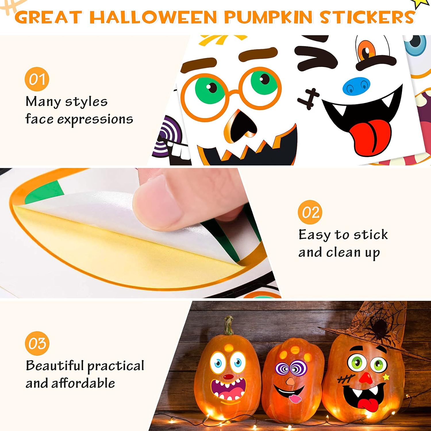Calcomanías decorativas de calabaza de Halloween, 26 hojas, 56 calcomanías faciales en total, kit de manualidades de pintura de calabaza, decoración