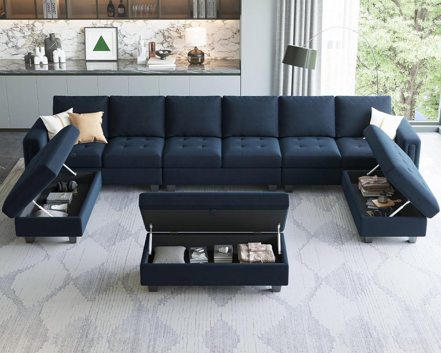 Belffin Juego de sofá modular en forma de U de gran tamaño con tumbona ancha reversible de terciopelo con almacenamiento de esquina otomana modular