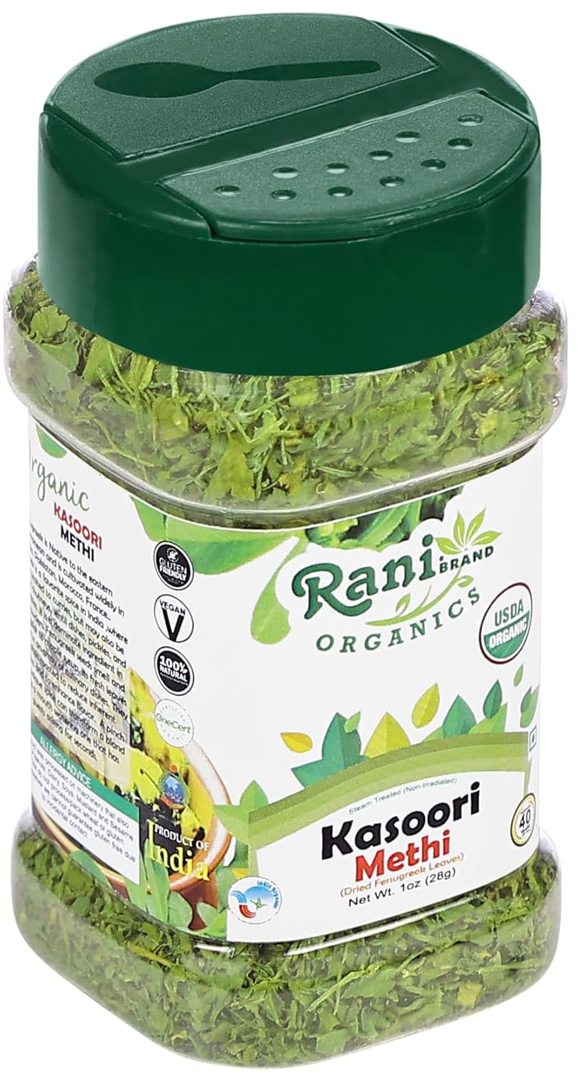 Rani Hojas de fenogreco orgánicas secas (Kasoori Methi) 1 oz (28 g) Tarro PET  Todo natural  Vegano  Apto para gluten  Sin OMG  Origen indio