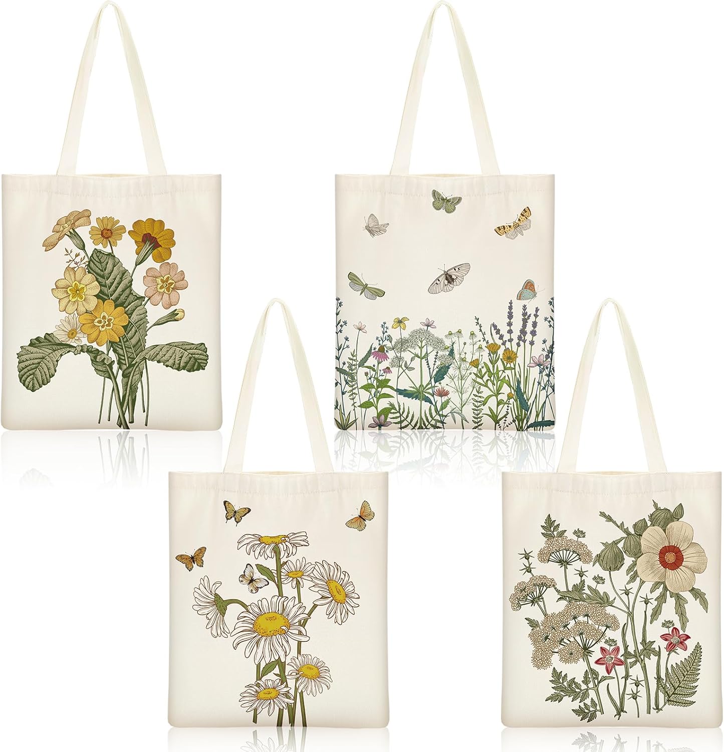 Bolsa de lona estética de 4 piezas, bolsa para amantes de las plantas, bolsa de regalo para amantes de los libros, con bolsillo interior, bolsas