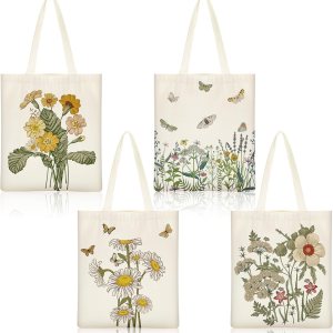Bolsa de lona estética de 4 piezas, bolsa para amantes de las plantas, bolsa de regalo para amantes de los libros, con bolsillo interior, bolsas Bolsa de lona estética de 4 piezas, bolsa para amantes de las plantas, bolsa de regalo para amantes de los libros, con bolsillo interior, bolsas