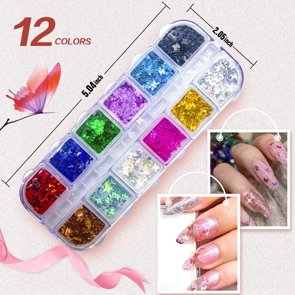Brillantina holográfica 3D para uñas, 24 coloresjuego de lentejuelas de mariposa para uñas, lentejuelas láser, lentejuelas acrílicas para decoración