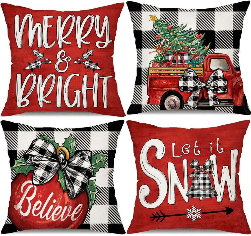 DFXSZ Juego de 4 fundas de almohada de Navidad de 18 x 18 pulgadas, diseño de búfalo blanco y negro con texto en inglés “Merry and Bright Christmas