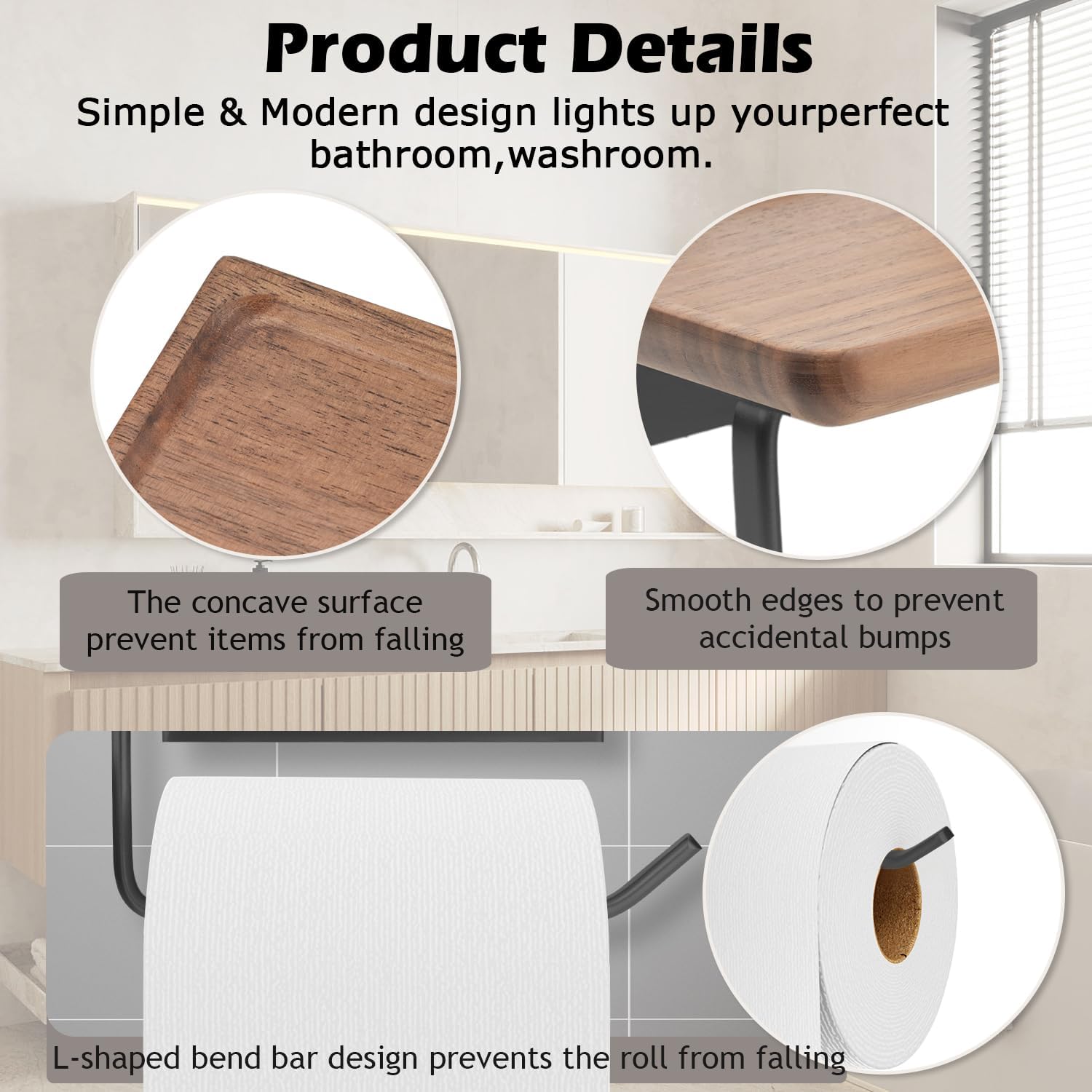 Soporte de papel higiénico con estante negro, soporte de pared de madera para rollo de papel de seda con tornillo, accesorios de baño decoración