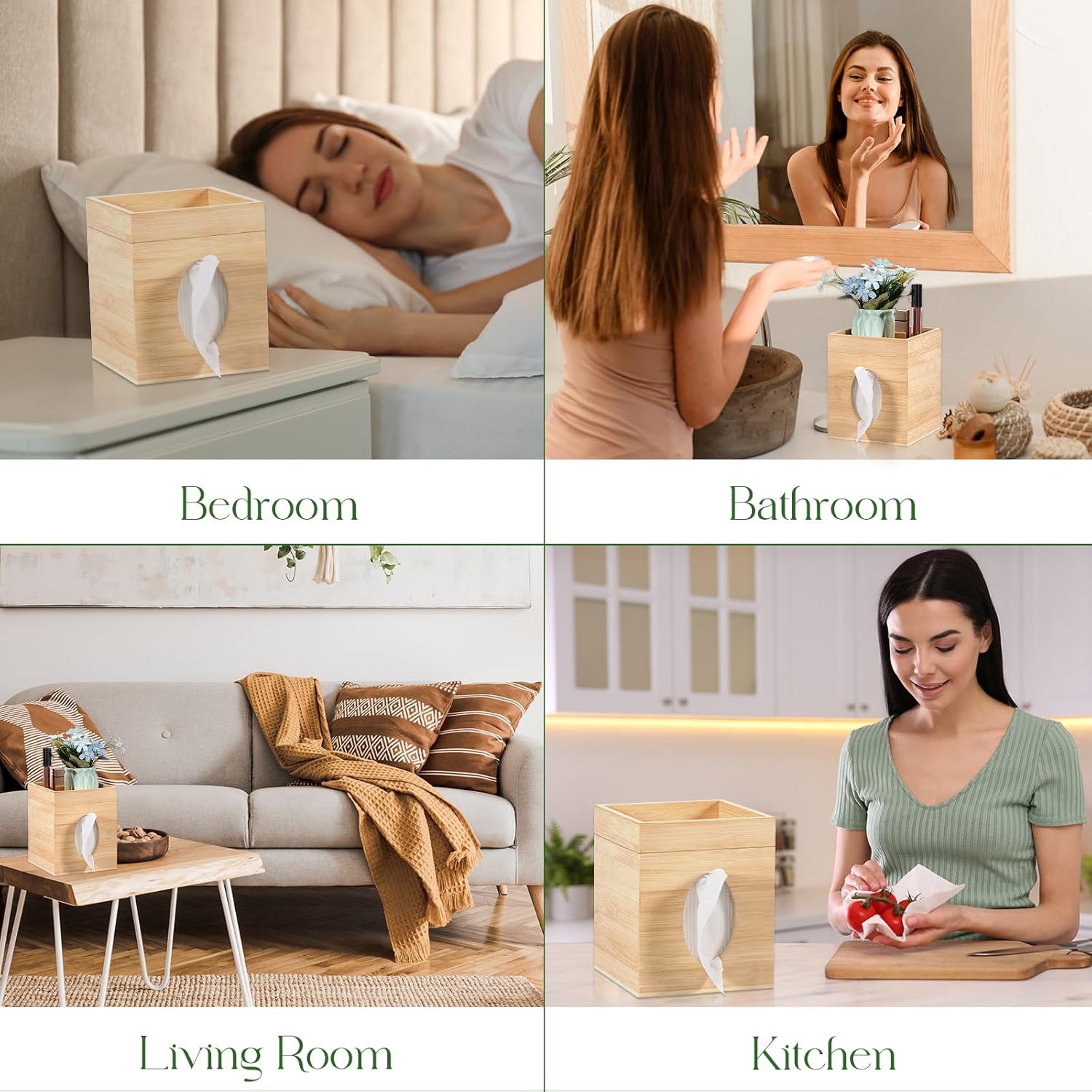 Funda para caja de pañuelos, cubierta de bambú para caja de pañuelos con bandeja de almacenamiento, cubierta cuadrada para caja de pañuelos para