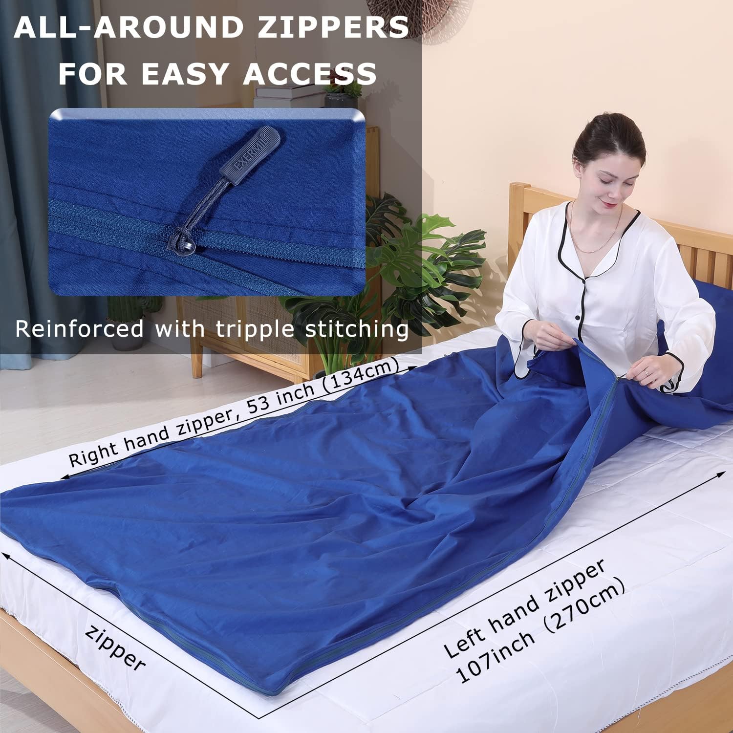 Forro para saco de dormir 100% algodón con cremalleras completas, saco de dormir grande de 87 x 43 pulgadas para adultos para viajes y campamentos,