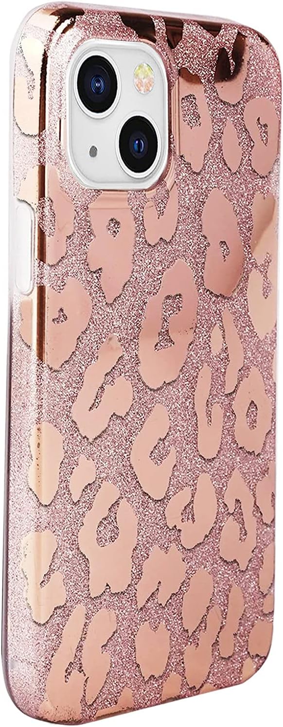 J.west Funda compatible con iPhone 15 de 6.1 pulgadas, diseño de estampado de leopardo con purpurina metálica de lujo, delgada, de silicona suave,
