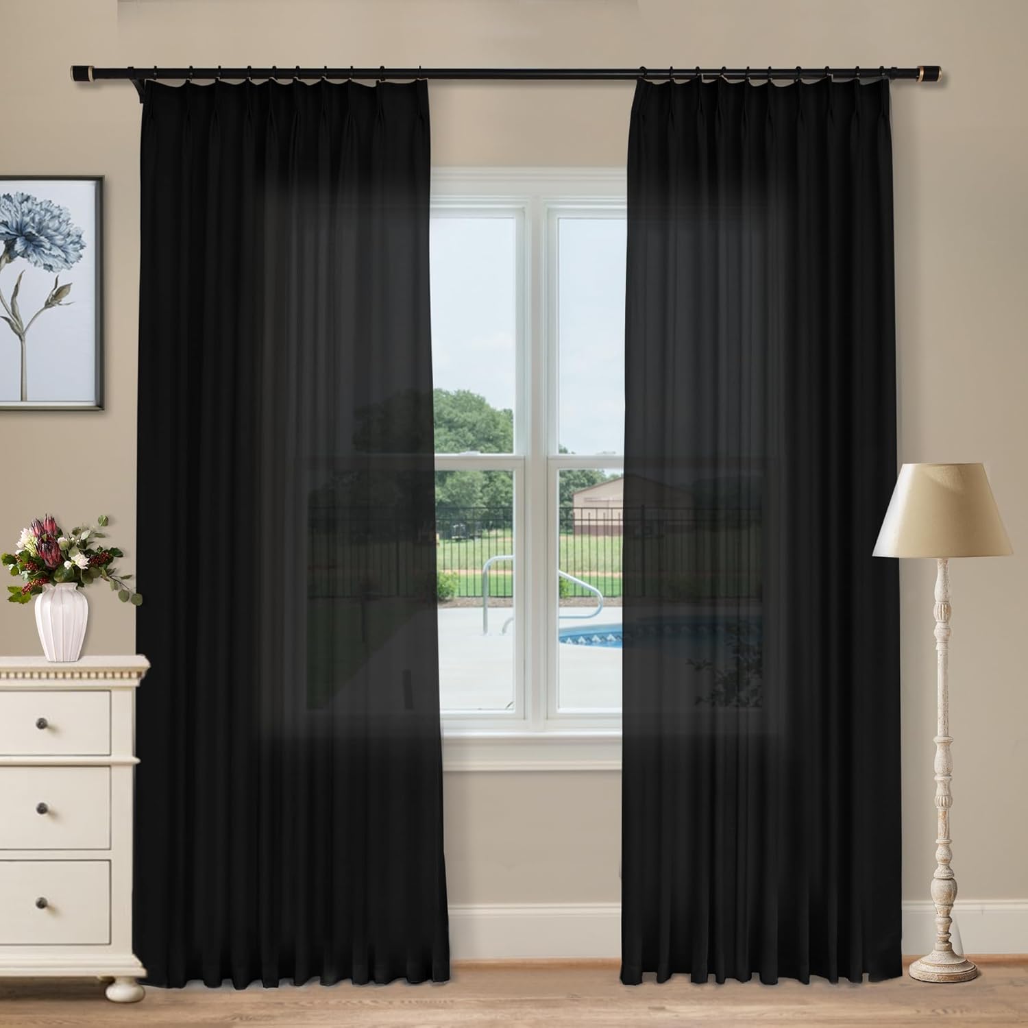 Macochico Cortinas plisadas de lino para oscurecer la habitación, paneles plisados filtrantes de luz para sala de estar y dormitorio (negro, 72