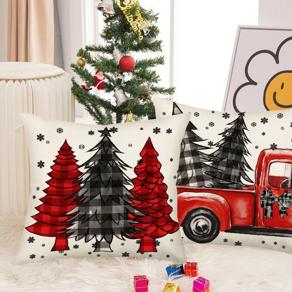 Fundas de almohada decorativas para árbol de Navidad de 20 x 20 pulgadas, color rojo y negro, a cuadros, copos de nieve, funda de almohada