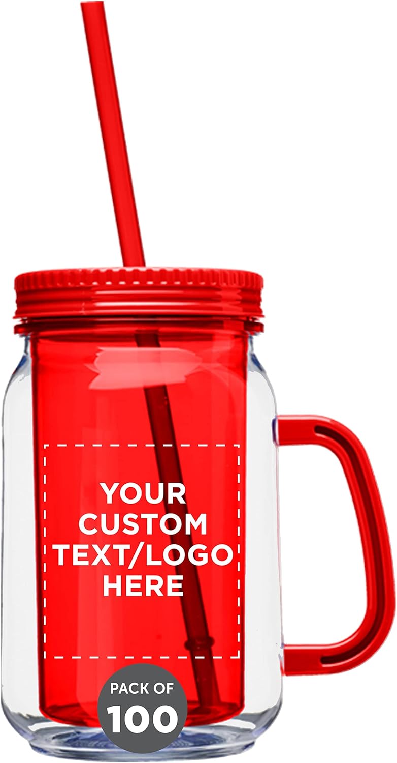 DISCOUNT PROMOS Tarros personalizados con pajilla, 17 onzas, juego de 100, paquete personalizado a granel, frascos de vidrio para avena durante la