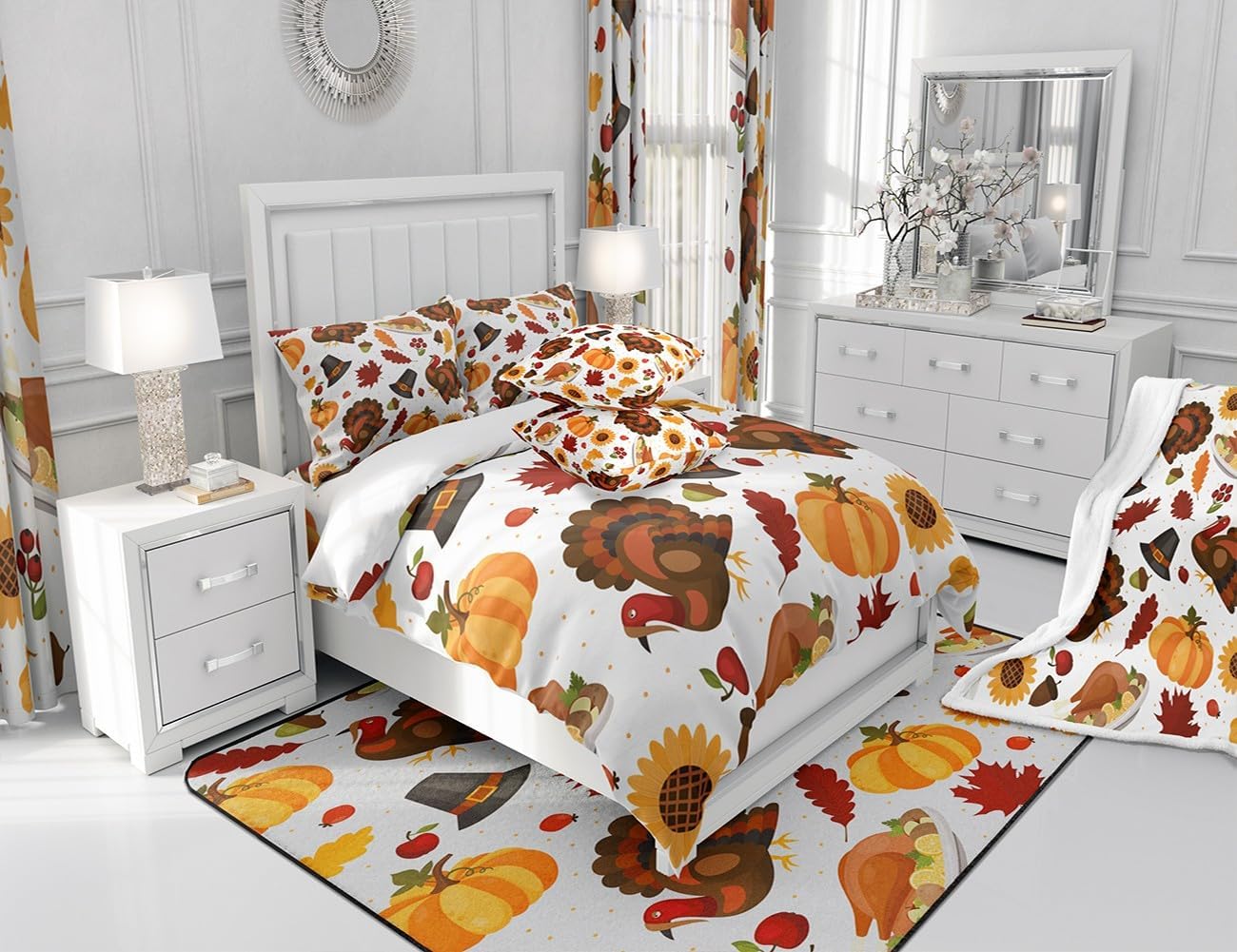 Feelyou Juego de funda de edredón de decoración de Acción de Gracias, tamaño Queen, lindo juego de ropa de cama de pavo para niños, decoración de