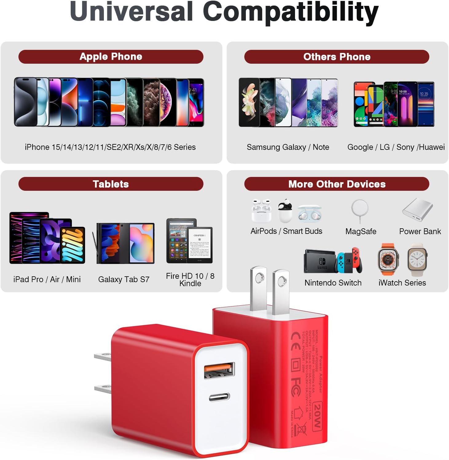 Bloque de carga de pared USB C, 20 W, 2 puertos rápido USBC PD3.0, adaptador de corriente tipo C, cargador de cubo de ladrillo para iPhone 14 13 12