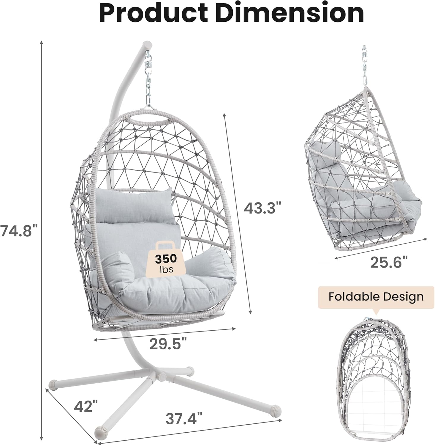Silla colgante de huevo para exteriores, silla hamaca con soporte para interiores, silla colgante de mimbre bohemia con soporte de 350 libras de