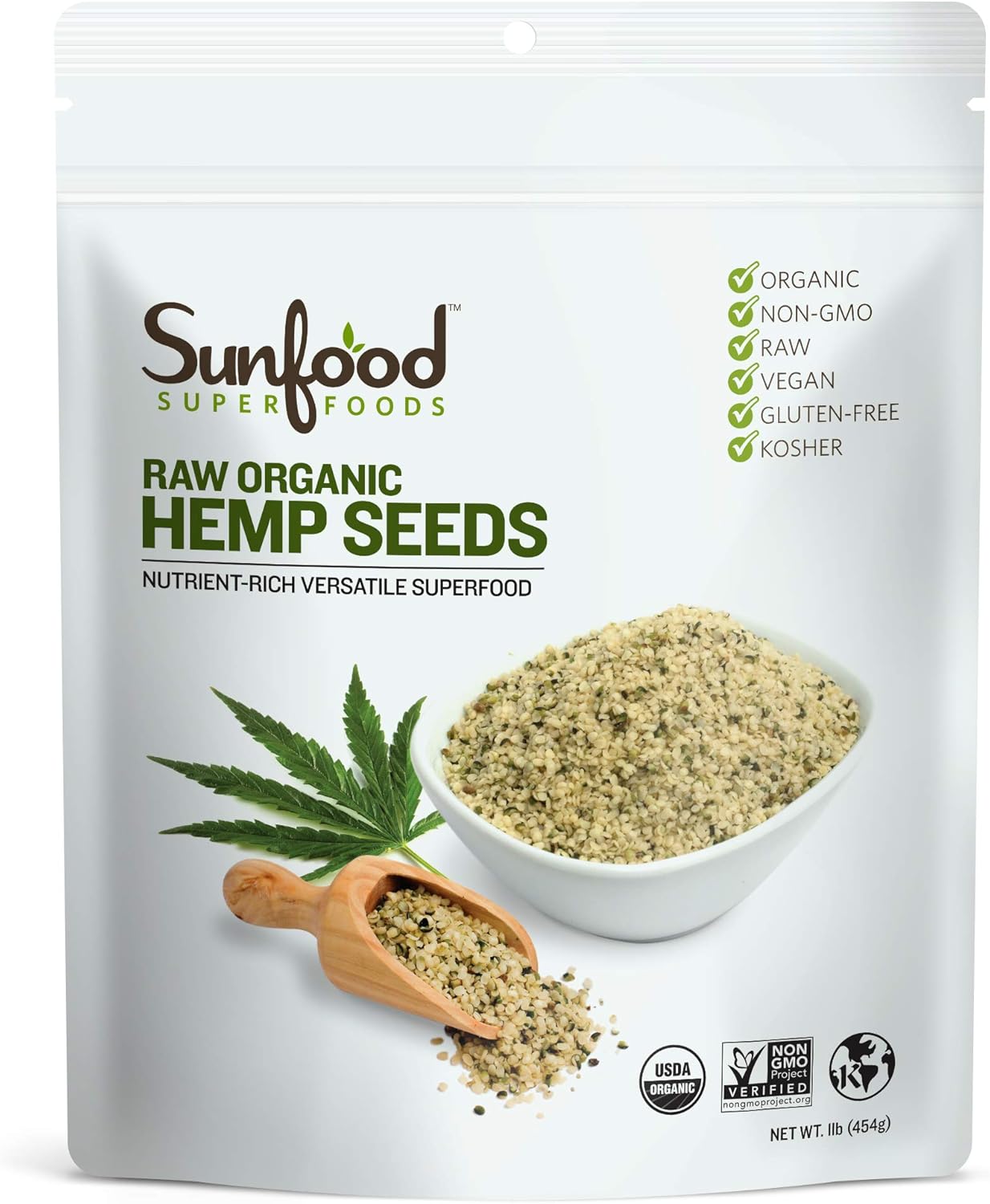 Sunfood Superfoods Semillas de cáñamo sin cáscara. Crudas, orgánicas, sin OMG. Valor a granel. Ricas en proteínas, aminoácidos, grasas vegetales