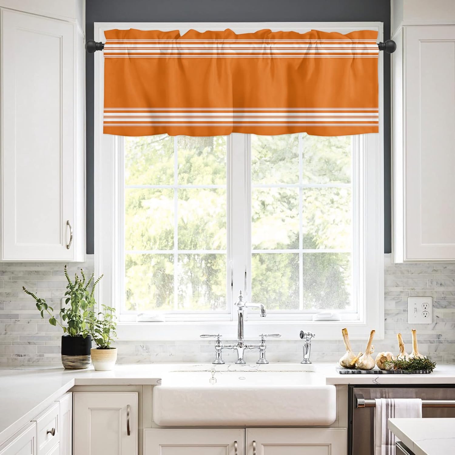 Artwork Store Curtain Valance for Window Kitchen Decor, Thanksgiving Fall Orange White Stripe 54″ x 18″ Window Treatment Curtains Topper Rod Pocket