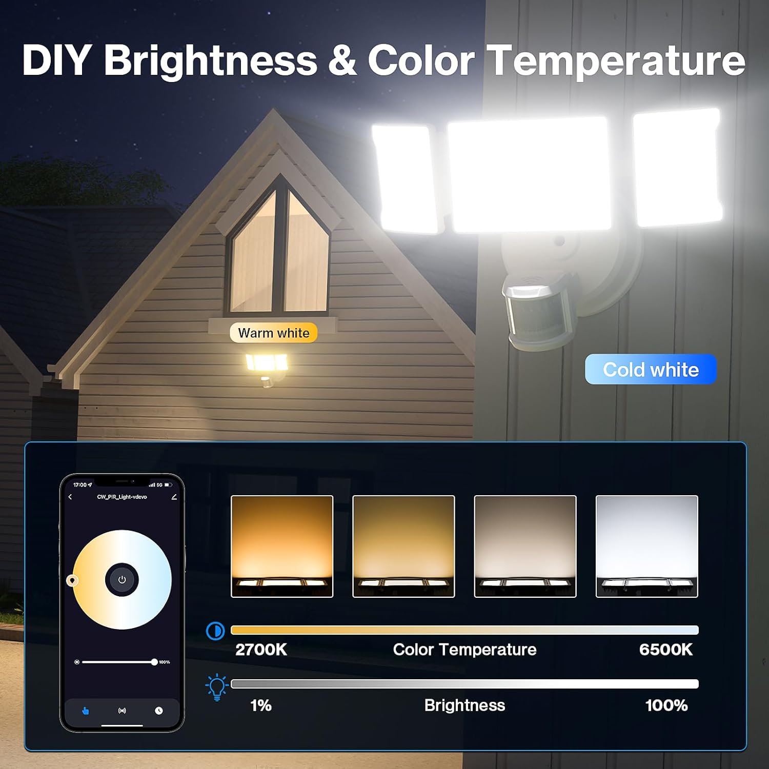 Olafus Luz de inundación LED inteligente de 55 W para exteriores con sensor de movimiento, luz de seguridad WiFi exterior sintonizable de 2700