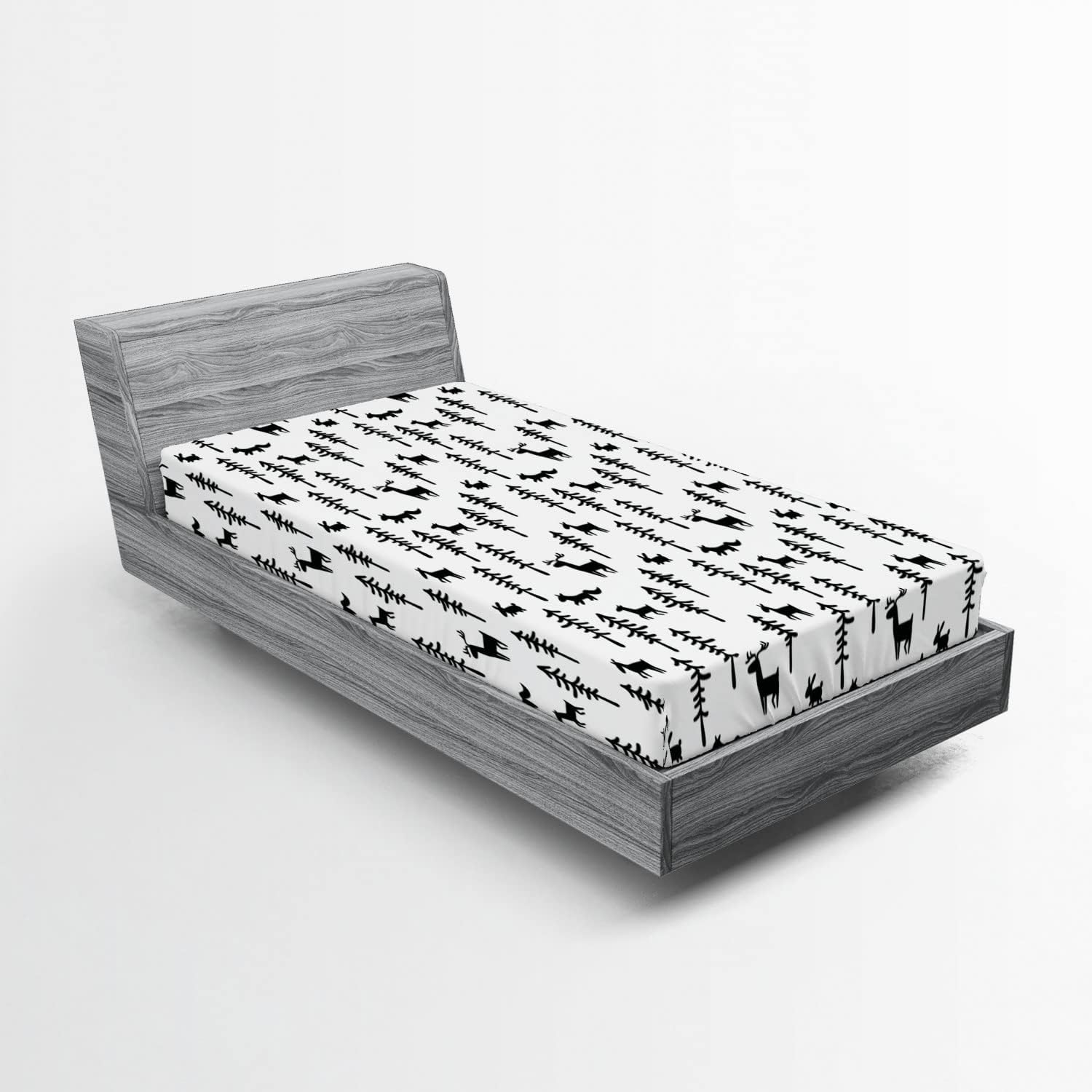 Ambesonne Sábana bajera ajustable de bosque, inspirado en la Navidad, diseño de renos, pinos y conejos, funda de cama con bolsillo profundo elástico