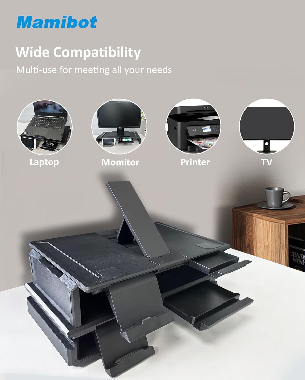 Mamibot Paquete de 2 soportes elevadores para computadora, soporte para laptop con cajón de almacenamiento, desmontable y apilable 2 en 1, soporte