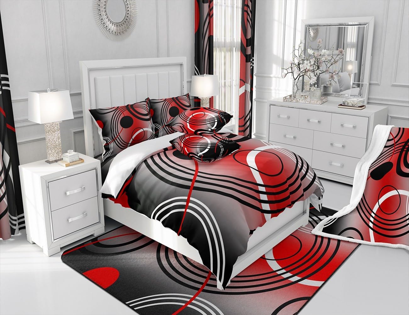 jejeloiu Juego de sábanas rojas y negras tamaño Queen con círculos geométricos para niños y niñas, decoración geométrica con sábana bajera ajustable