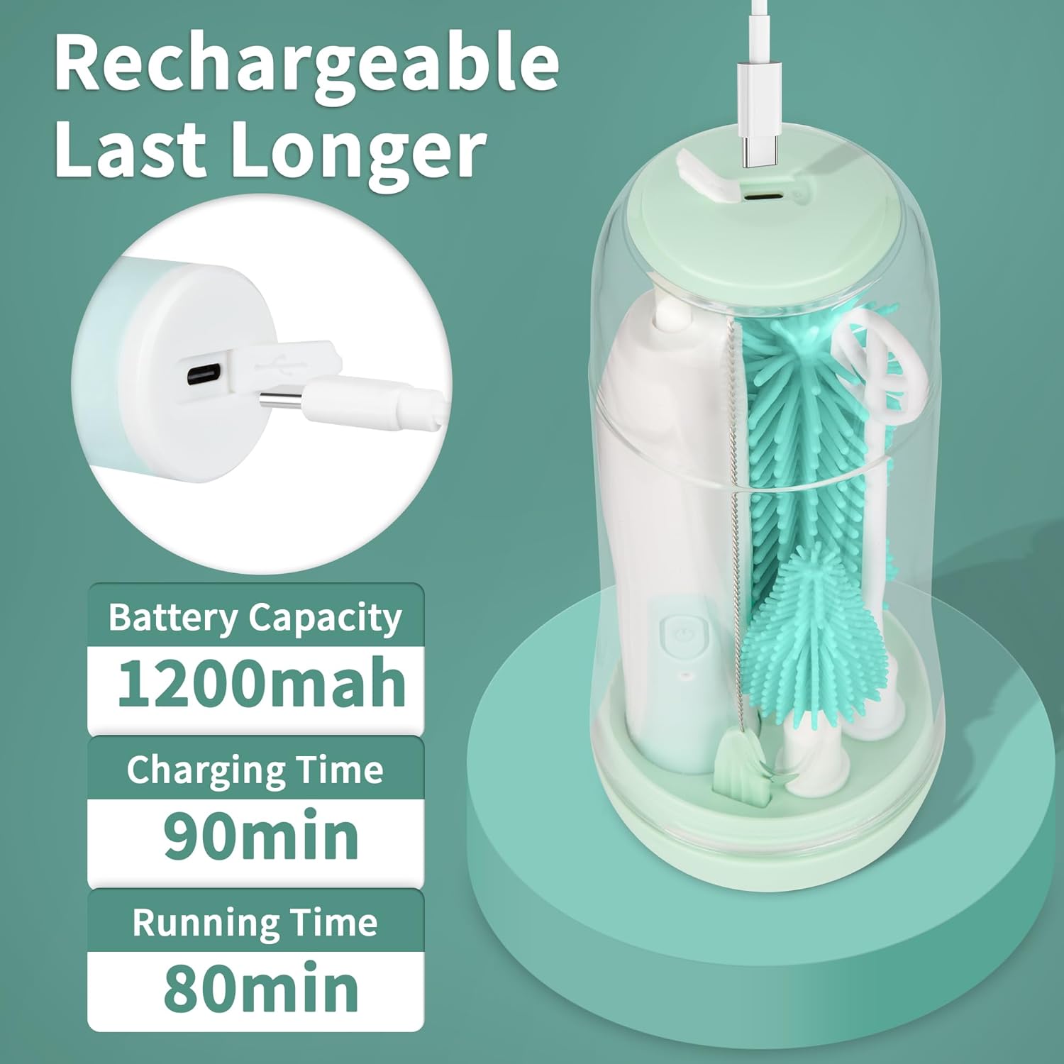 Limpiador eléctrico de cepillo para biberones recargable, cepillo eléctrico de viaje para biberones con cepillo limpiador automático de botellas,
