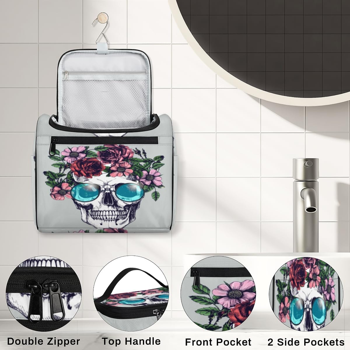 Day Of The Dead Sugar Skulls – Neceser para mujer, organizador de maquillaje de viaje con gancho para colgar, bolsas de cosméticos de viaje para