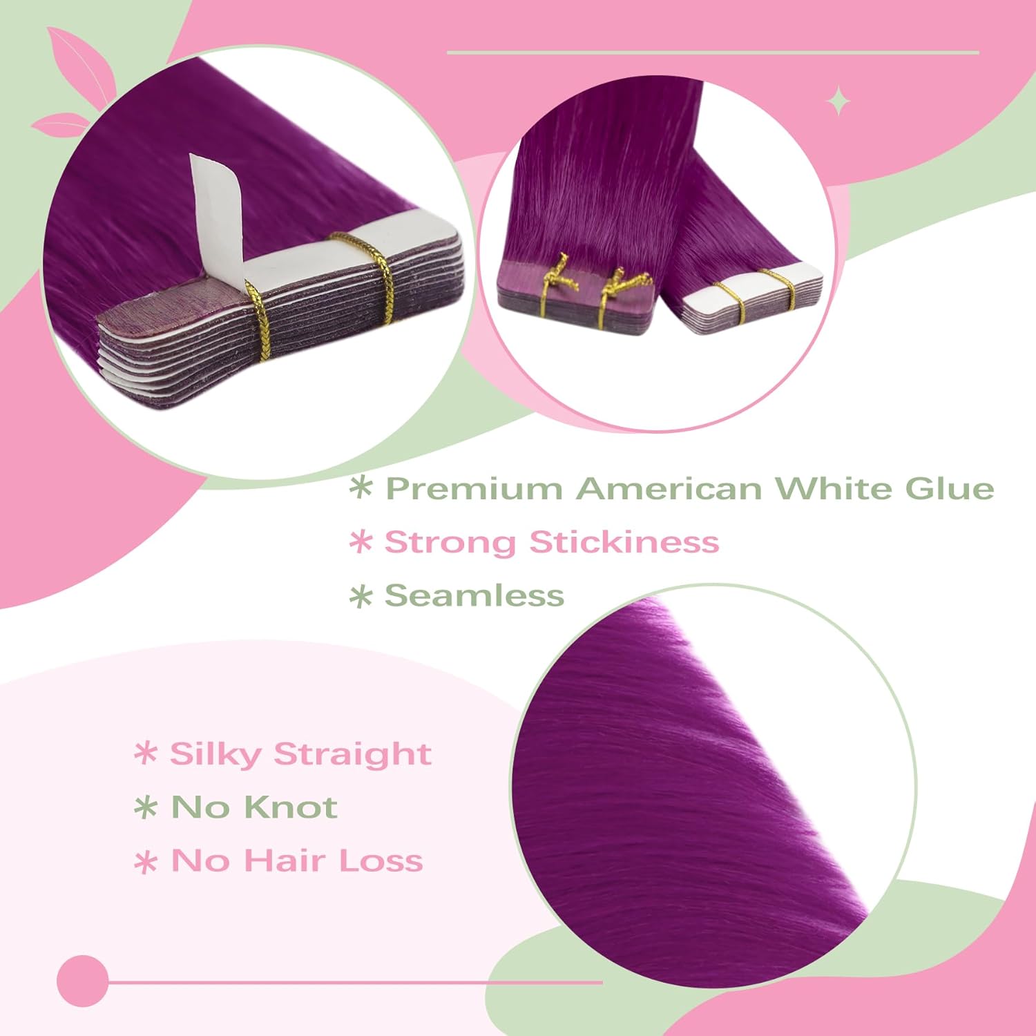 YoungSee Extensiones de cabello humano con cinta morada de 12 pulgadas, extensiones de cabello humano Remy con cinta adhesiva, 10 unidades,