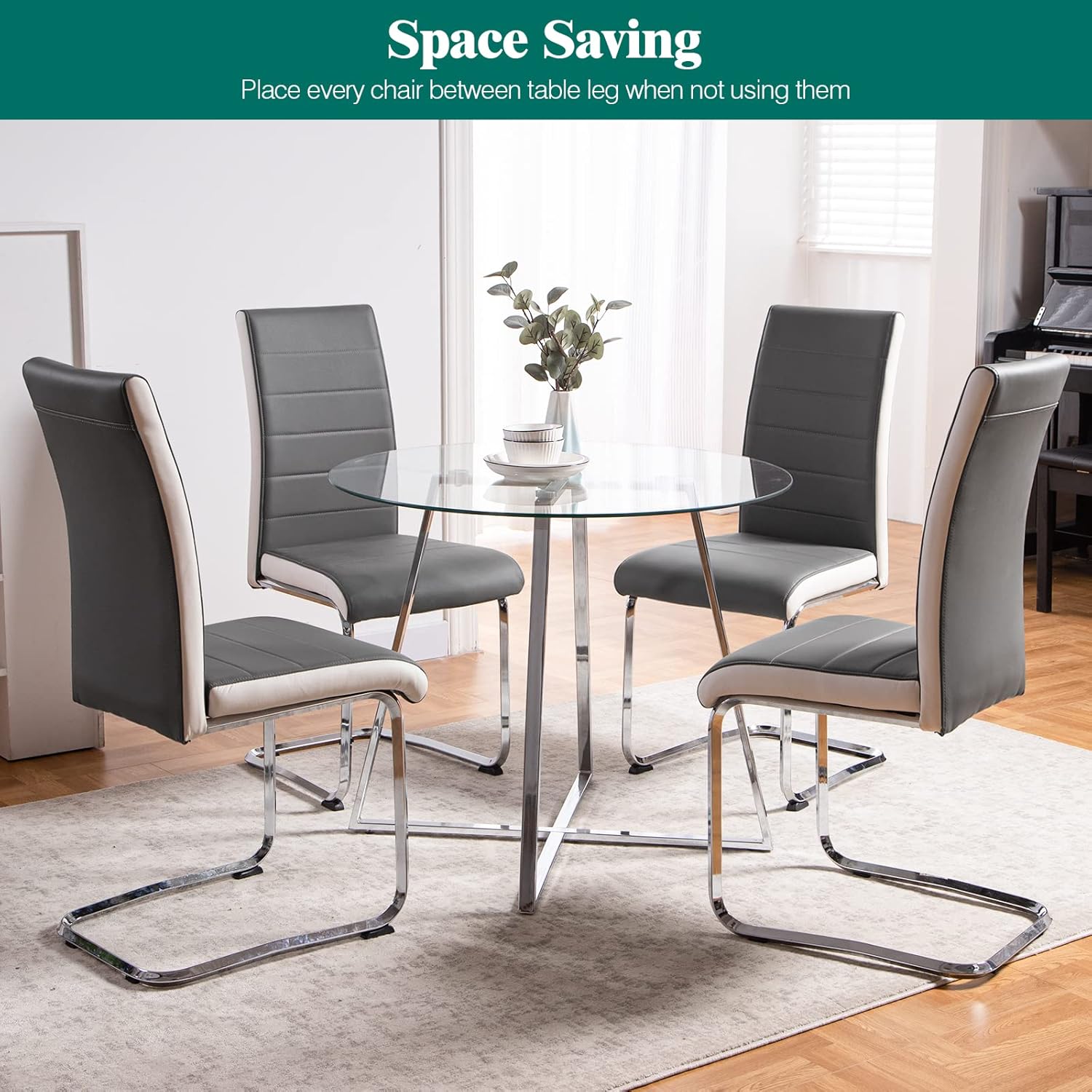 SICOTAS Mesa de comedor redonda de vidrio con patas cromadas, mesa de cocina moderna para 2 o 4 personas, mesa de comedor circular con base de metal