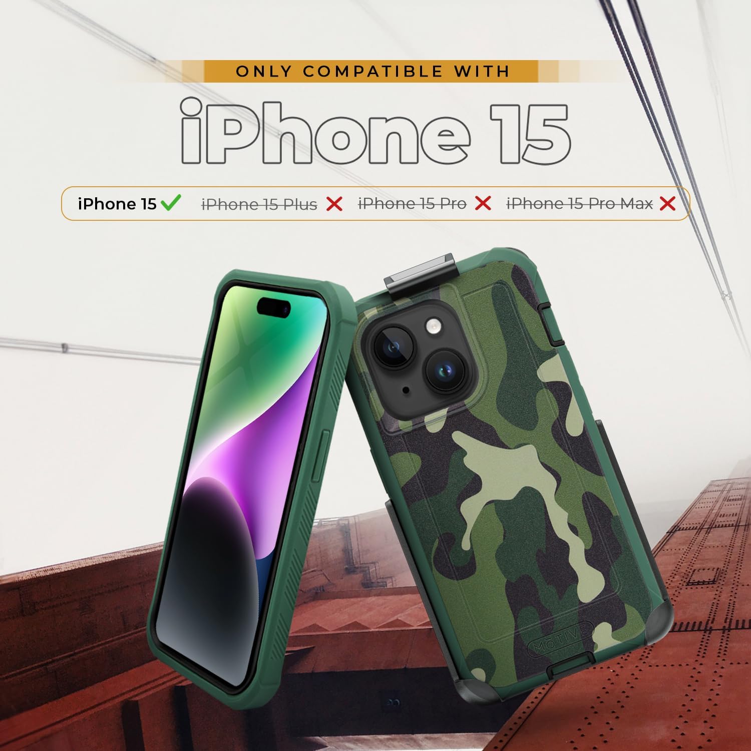 MOTIVE Funda diseñada para iPhone 15 con clip para cinturón, funda magnética compatible con Magsafe, resistente y de cuatro capas de protección de