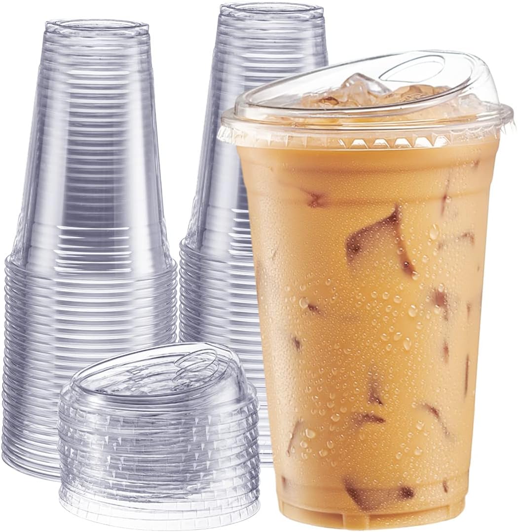 Comfy Package 100 juegos de vasos de plástico transparente de 20 onzas con tapas sin popote