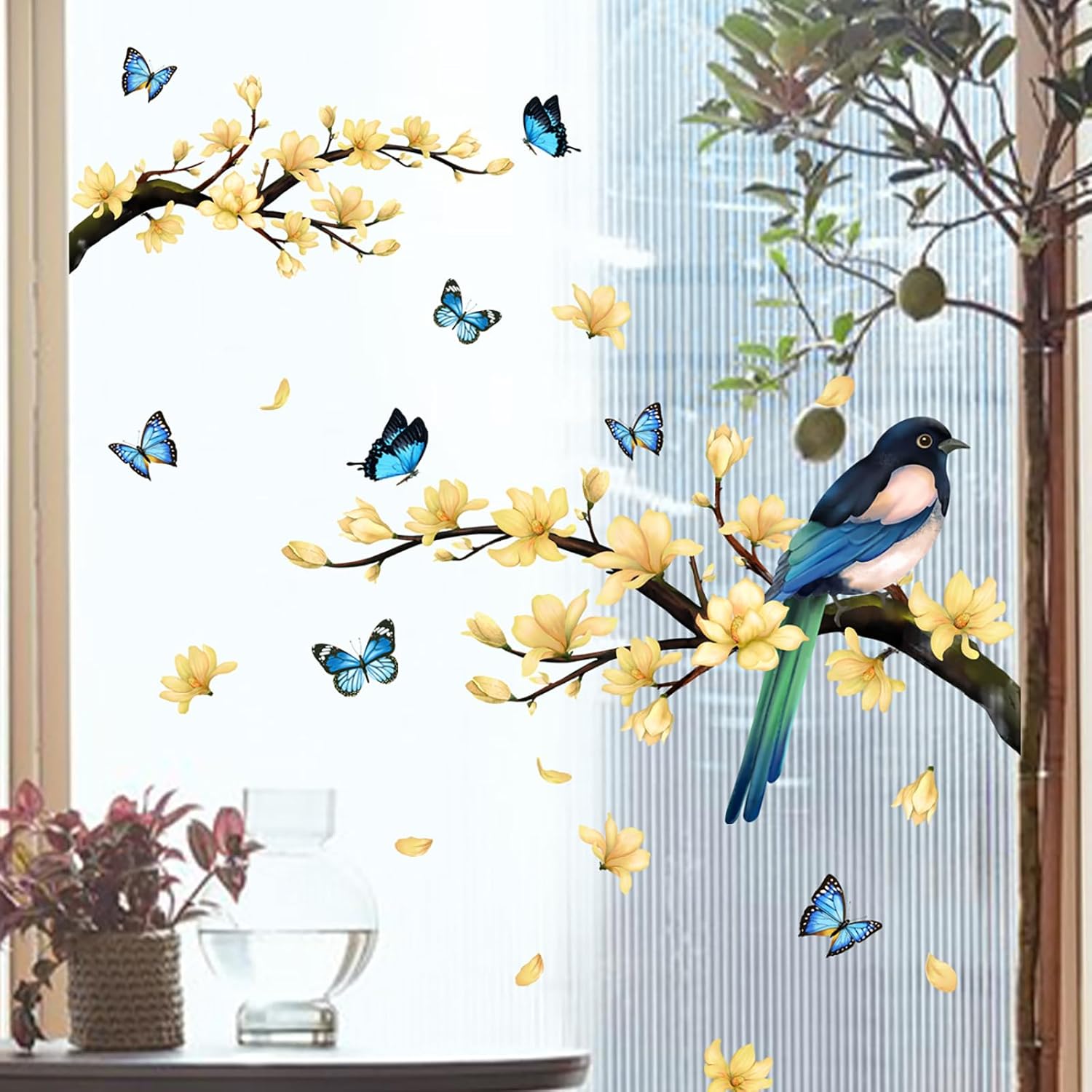 Adhesivos para ventana de flores, pájaros, mariposas, ventanas, primavera, verano, bricolaje, ramas de árboles, calcomanías de doble cara,