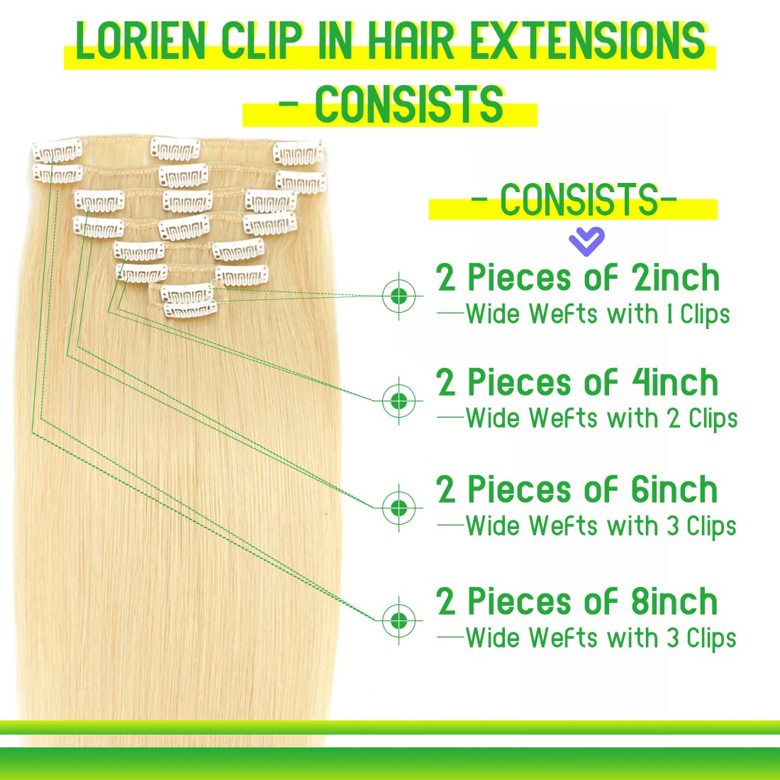 LORIEN Extensiones de cabello humano real con broches, 3.53 onzas, extensiones de cabello humano 100% lacio, 8 piezas por juego con 18 clips, doble