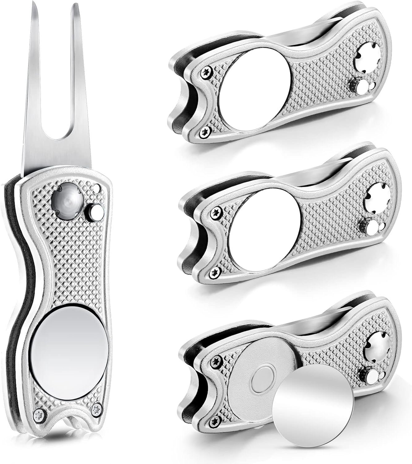 Herramienta de reparación de golf de acero inoxidable plegable de golf Divot, herramienta magnética de botón emergente de golf, marcador de pelota