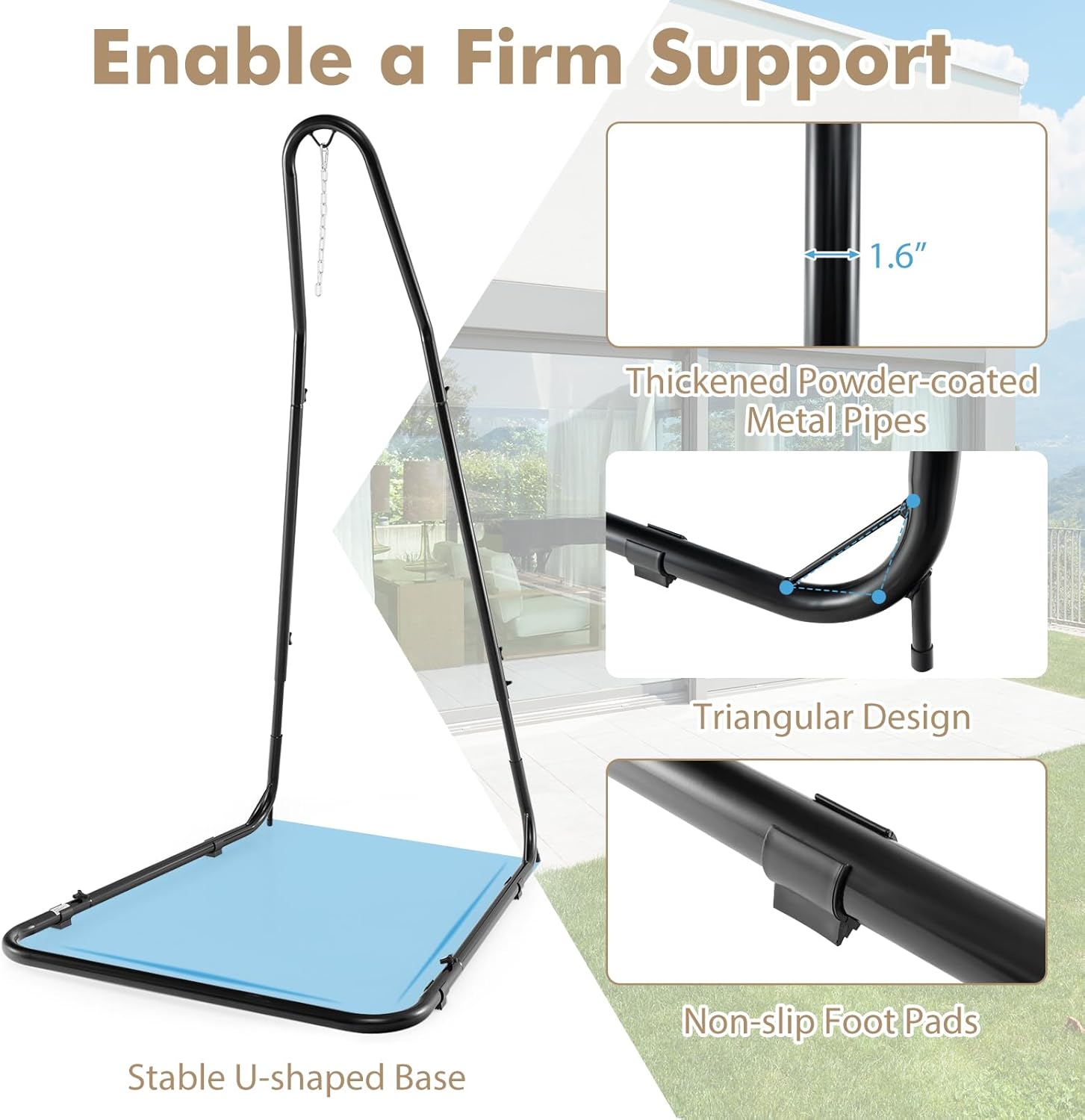 Giantex Soporte de hamaca para exterior, soporte de columpio de metal resistente con gancho de seguridad y cadena resistente, soporte de silla