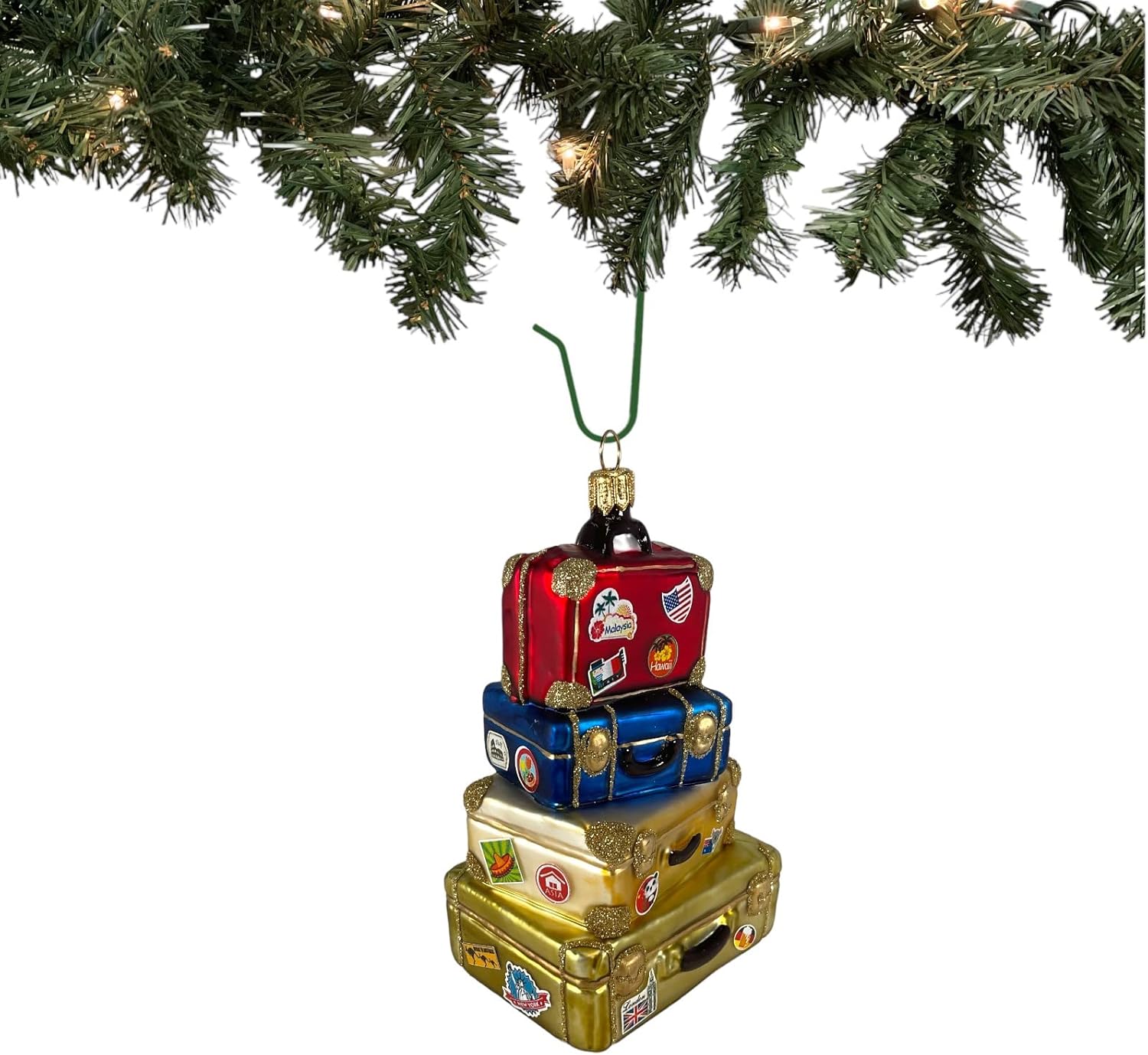 Stack of Maletas Decoración de viaje de cristal polaco para árbol de Navidad Polonia